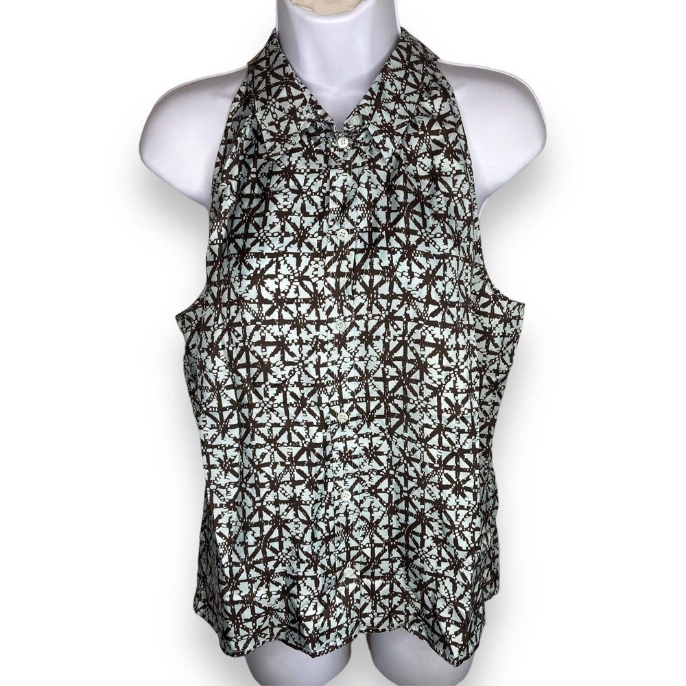 Cerruti 1881 US 10 UK 14 100% Silk Sleeveless Collared Blouse Halter Blue Brown